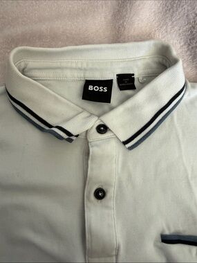 BOSS White Polo with Navy and Gray Stripe Trim